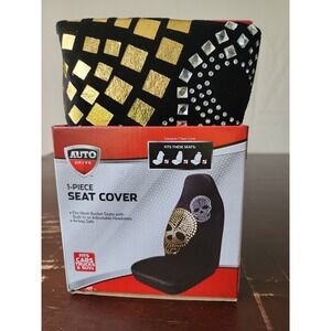 Auto Drive 1 Piece Bucket Seat Cover Black with Gold & Silver Skulls New in Box